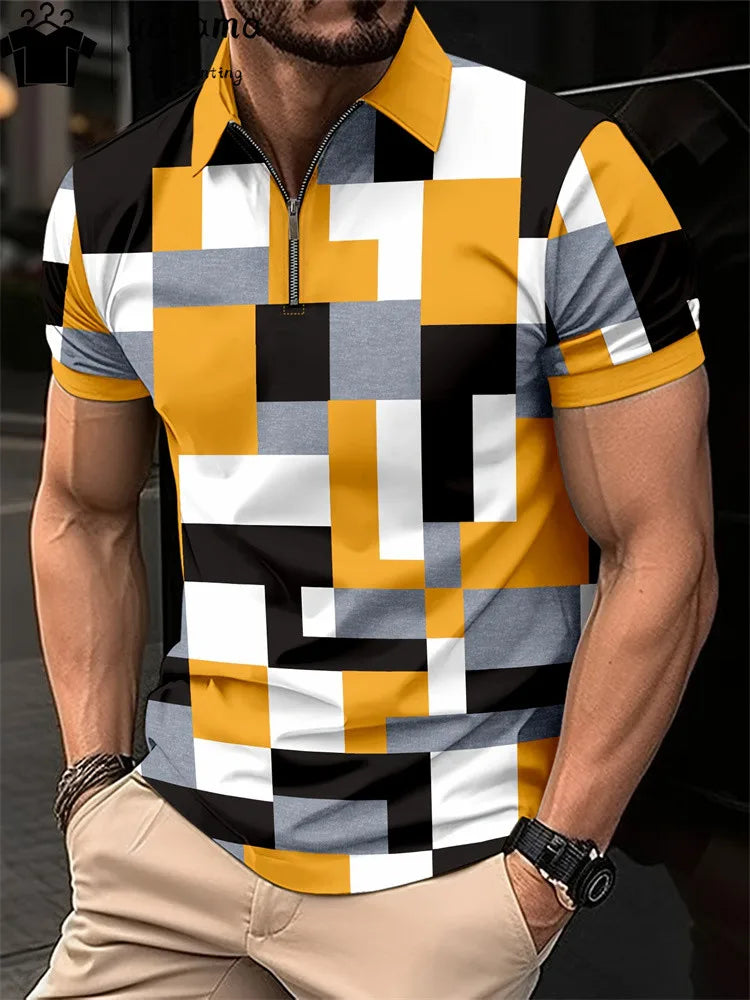 Men's Zipper Polo Shirt 3d Lattice Print Fashion Clothing Business Casual T-Shirt Mens Polo Shirt Zip Short Sleeve Street Top