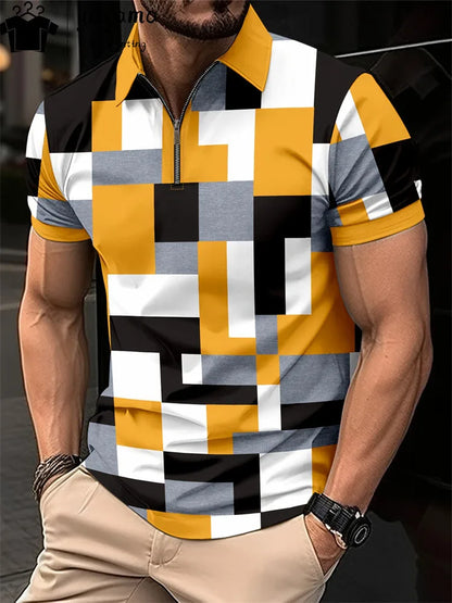 Men's Zipper Polo Shirt 3d Lattice Print Fashion Clothing Business Casual T-Shirt Mens Polo Shirt Zip Short Sleeve Street Top