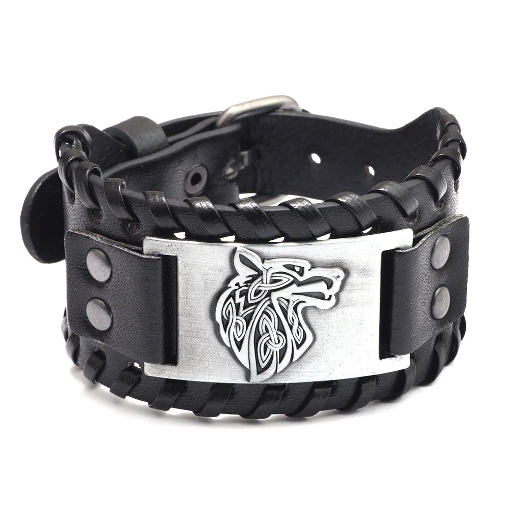 Vintage Wide Leather Woven Wolf Head Bracelet for Men Celtic Viking Compass Bracelet Jewelry Male Accessories Gifts To Boyfriend