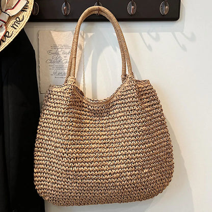 Women Crochet Beach Handbag Hasp Closure Retro Straw Handbag Solid Color Simple Weaving Handbag Ladies Summer Daily Bag