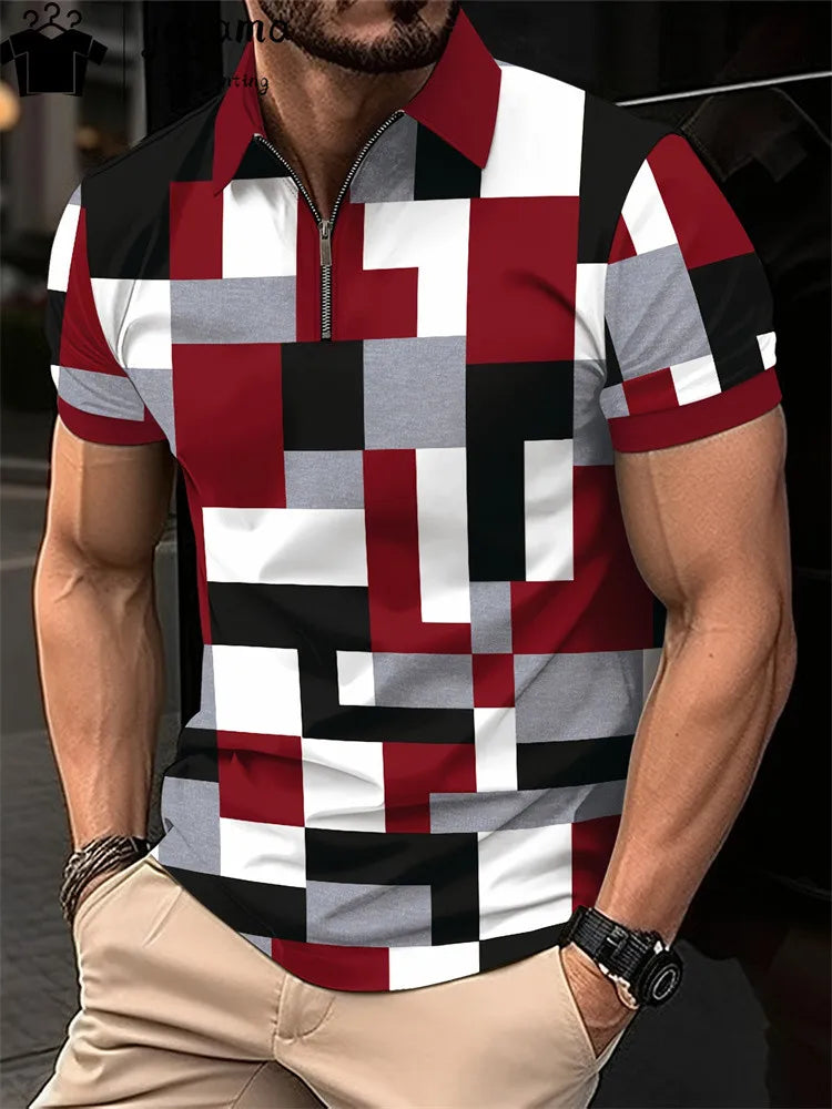 Men's Zipper Polo Shirt 3d Lattice Print Fashion Clothing Business Casual T-Shirt Mens Polo Shirt Zip Short Sleeve Street Top