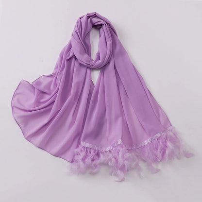 Ostrich Hair Plain Chiffon Hijab Women Scarves Handmade Feather Fashion Shawl Headwear Wrap Headscarf Scarf Foulard Scarf