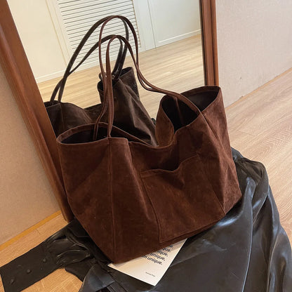 Women Suede Tote Bag With Pockets Satchel Handbag Solid Color Everyday Bag Trendy Commuting Travel Bag