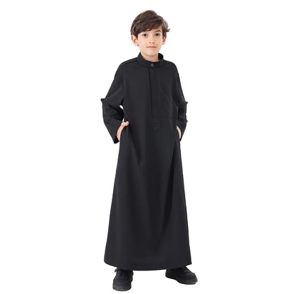 Arab Muslim Kids Boy Jubba Thobe Abaya Satin Long Dress Kaftan untuk Anak-anak Pakaian Islami Jubah Panjang Dress Dubai Arab Ramadan 