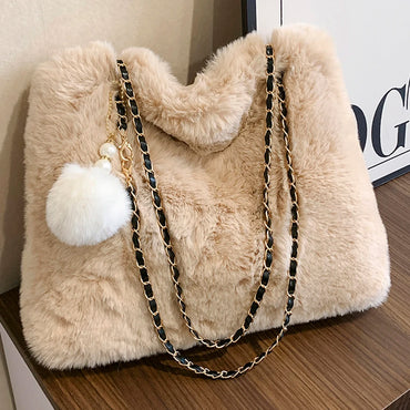 Women Fluffy Crosssbody Bag Soft Plush Satchel Bag Faux Fur with Pendant Large Capacity Female Fashion Travel Bag