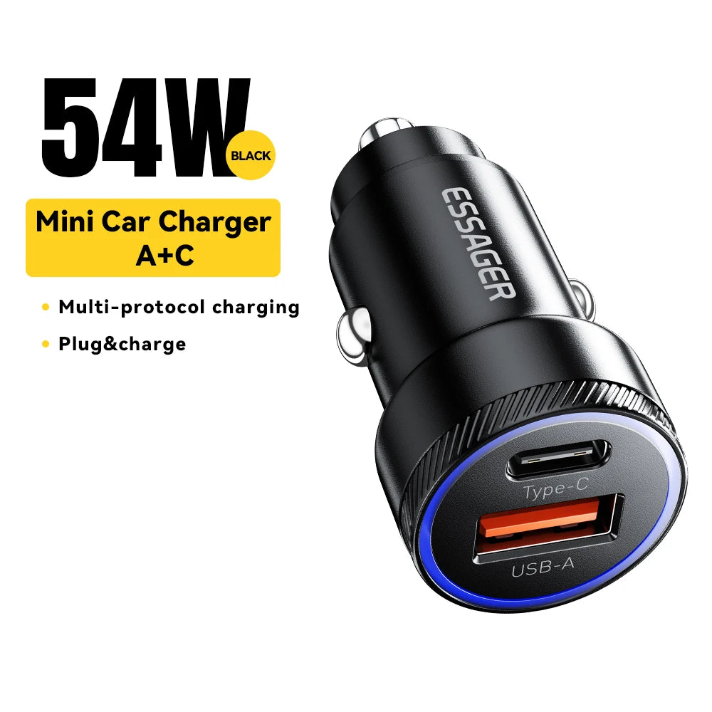 Essager 54W USB Car Charger 5A Fast Charing QC 3.0 PD 3.0 SCP AFC USB Type C Car Phone Chargers For iPhone Huawei Samsung Xiaomi