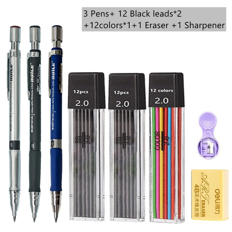 Set Pensel Mekanikal 2.0 mm dengan Isi Semula Plumbum 2B Hitam/Warna Untuk Menulis Lakaran Seni Lukisan Lukisan Pensel Automatik Sekolah 