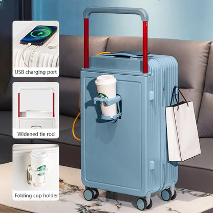 New Design Wide Handle Travel Suitcase Carry-On Luggage Trolley Case With Cup Holder USB Charging 20 Inch Cabin Rolling luggage