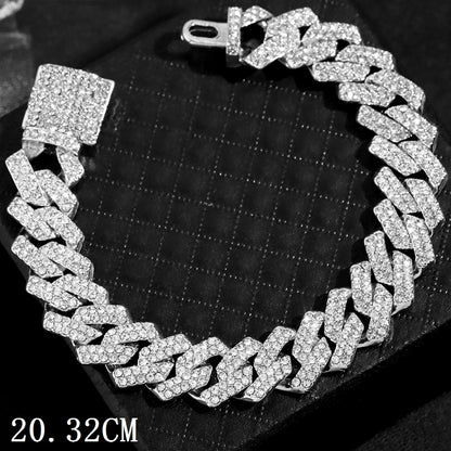 Fesyen Bling Berturap Rhinestone Prong Gelang Rantai Cuba untuk Wanita Lelaki Hip Hop Ais Keluar Gelang Rantai Pautan Chunky Barang Kemas Baru 