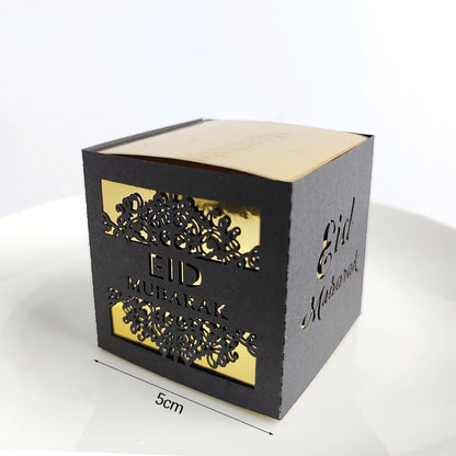 10Pcs Eid Mubarak Candy Boxes Hollowed Out Gift Box Gold White Black Ramadan Islamic Muslim for Eid Al-Fitr Party Decor Supplies