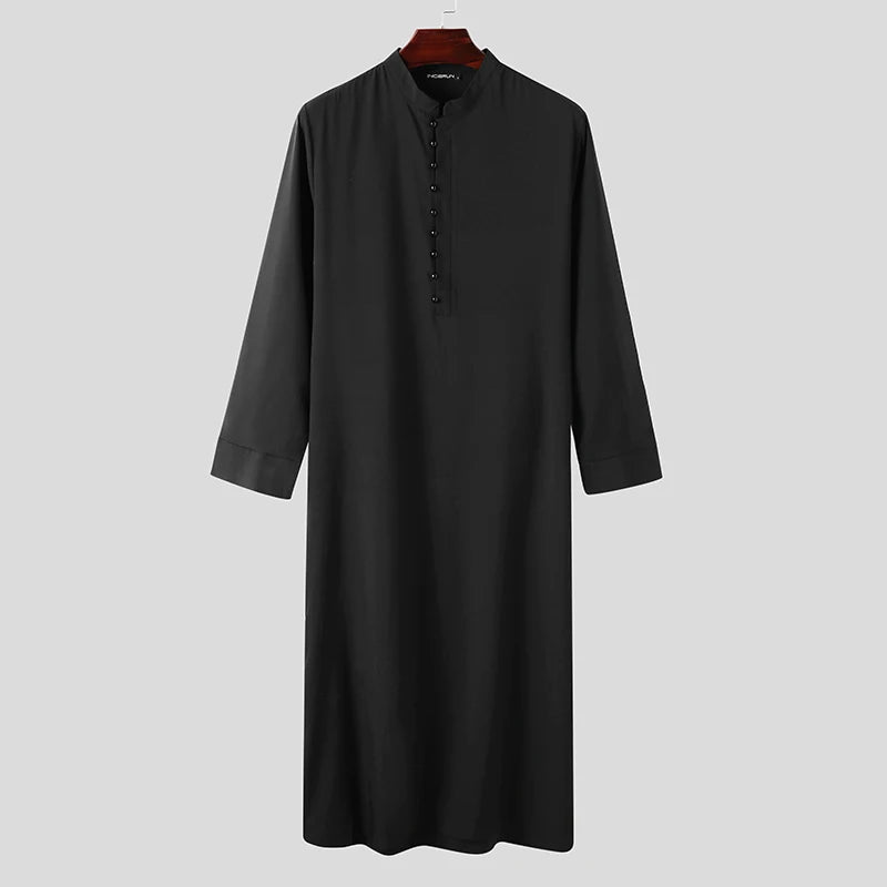 INCERUN Muslim Men Jubba Thobe Solid 2024 Long Sleeve Thin Robes Kaftan Stand Collar Islamic Arabic Fashion Men Caftan S-5XL