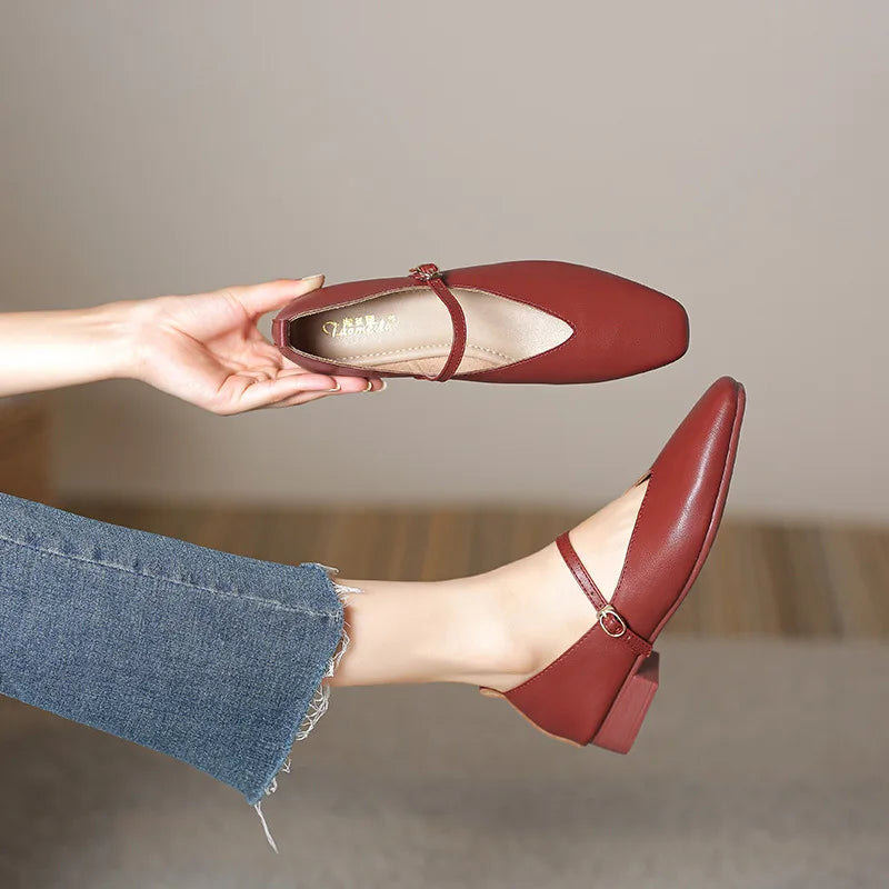 Wanita Musim Bunga Kasual Kaki Persegi Kasut Kaki Rendah Lembut Lolita Ballerina Merah Flat Wanita Elegan Perancis Retro Buckle Mary Janes 