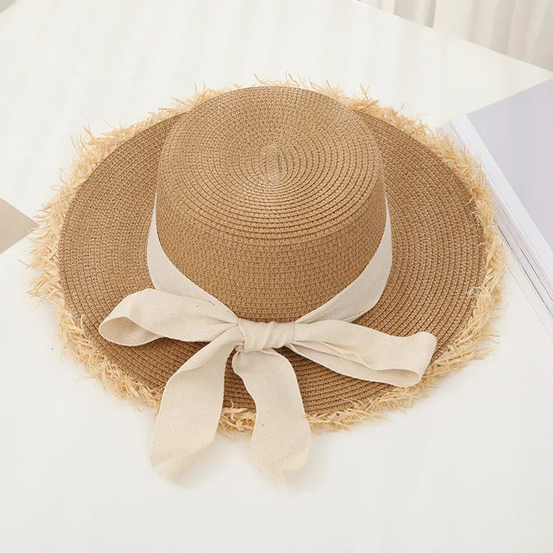 Tassel Female lace bow bowknot straw hat Summer Women ladies casual floppy Sun hat Ribbon Sunscreen cap for beach