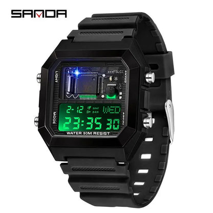 SANDAD 6216 Men's Electronic Watch Square Multifunctional Chronograph Date Silicone Strap Digital Display Wrist Watches for Male