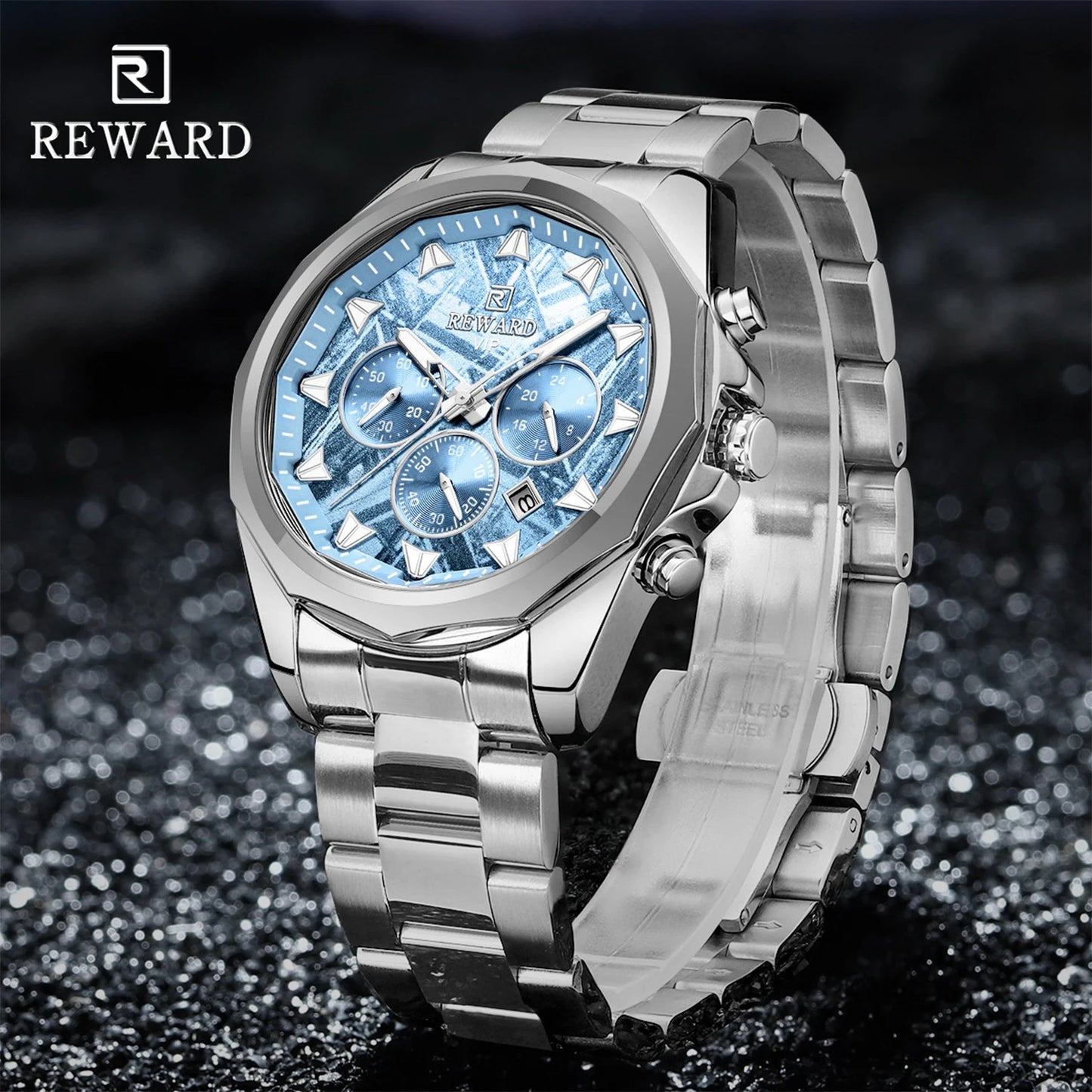 REWARD Ice Blue Quartz Watches for Men Waterproof Luminous Chronograph Watch Stainless Steel reloj hombre