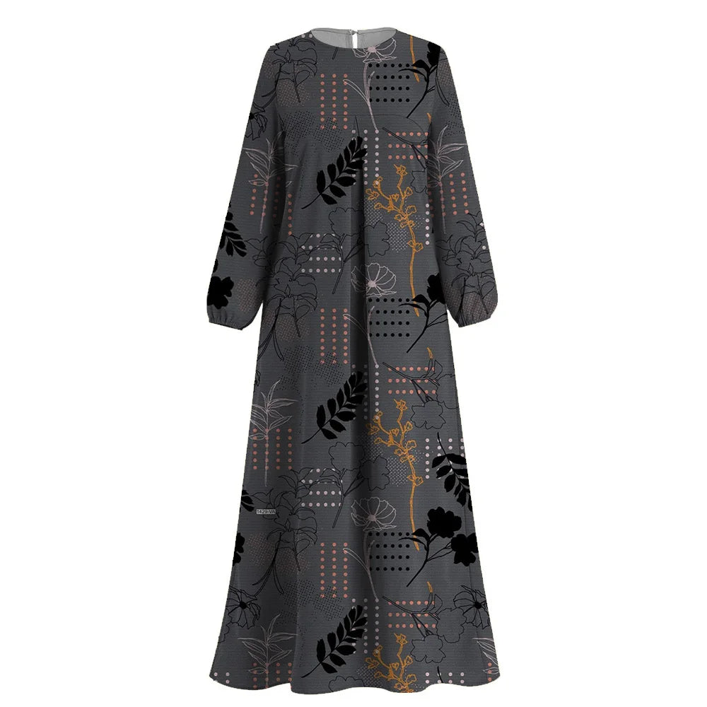 Modest Islam Muslim Gray Abaya Women Floral Print O-neck Long Sleeves Abaya Muslim Dress Femme Dubai Turkey Caftan Islam Robe