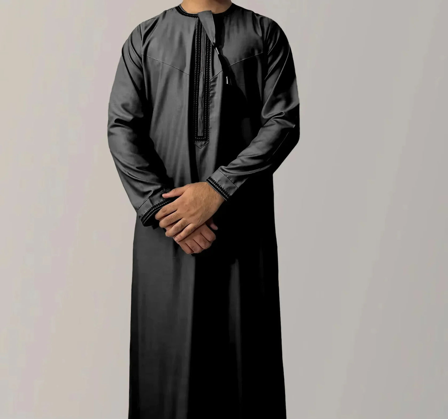 New Muslim Solid Color Abaya Round Neck Embroidery Robe Coarse Males Long Sleeve Kaftan Arabian Saudi Arabia Men's Kaftan