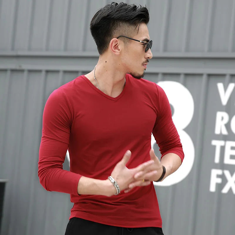 V Neck Mens T Shirts Plain Long Sleeve T Shirt Men Slim Fit Undershirt Armor Summer Casual Tee Tops Underwear Tshirt White Black