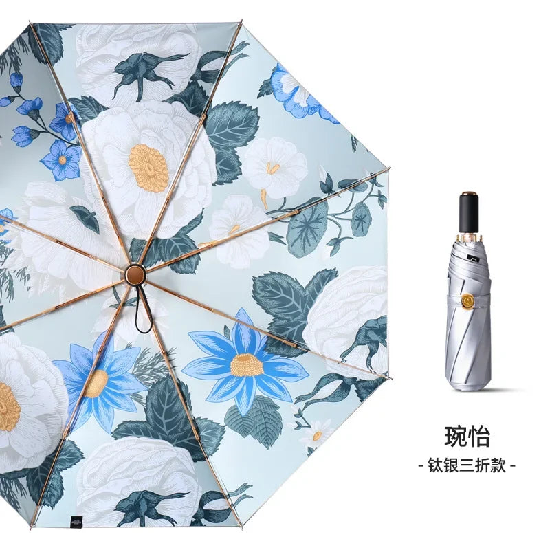 Sunshade Folding Umbrella for Women, Thickened Titanium Silver Cloths, Anti Sun UV, Windproof Waterproof, Rain Umbrellas Parasol