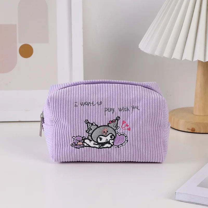 Sanrio Cosmetic Bag Kawaii Cartoon Kuromi Cinnamoroll Corduroy Large Capacity Pencil Case Melody Pochacco Student Children Gifts