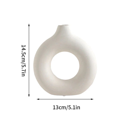 White Donut Vase Circular Hollow Imitation Ceramic Vase Nordic Decorative Vases Flower Pot Artistic Home Office Desktop Decor