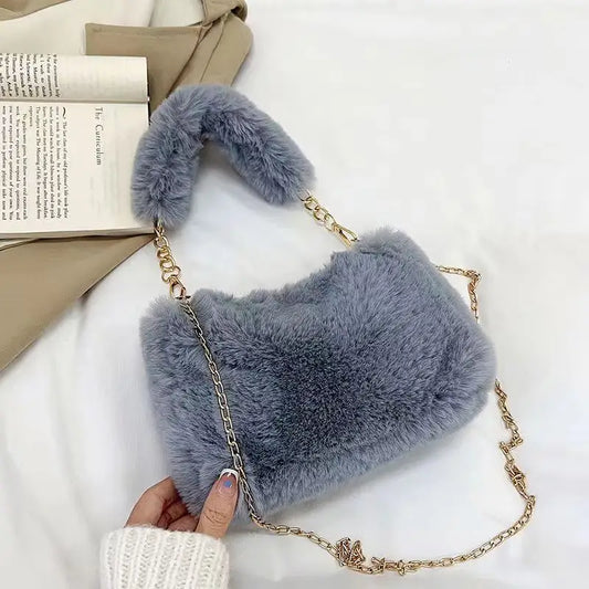 Winter Plush Tote Handbag Versatile Fluffy Shoulder Bag Soft Cute Chain Crossbody Bag Fashion Women Girls Small Square Handbag