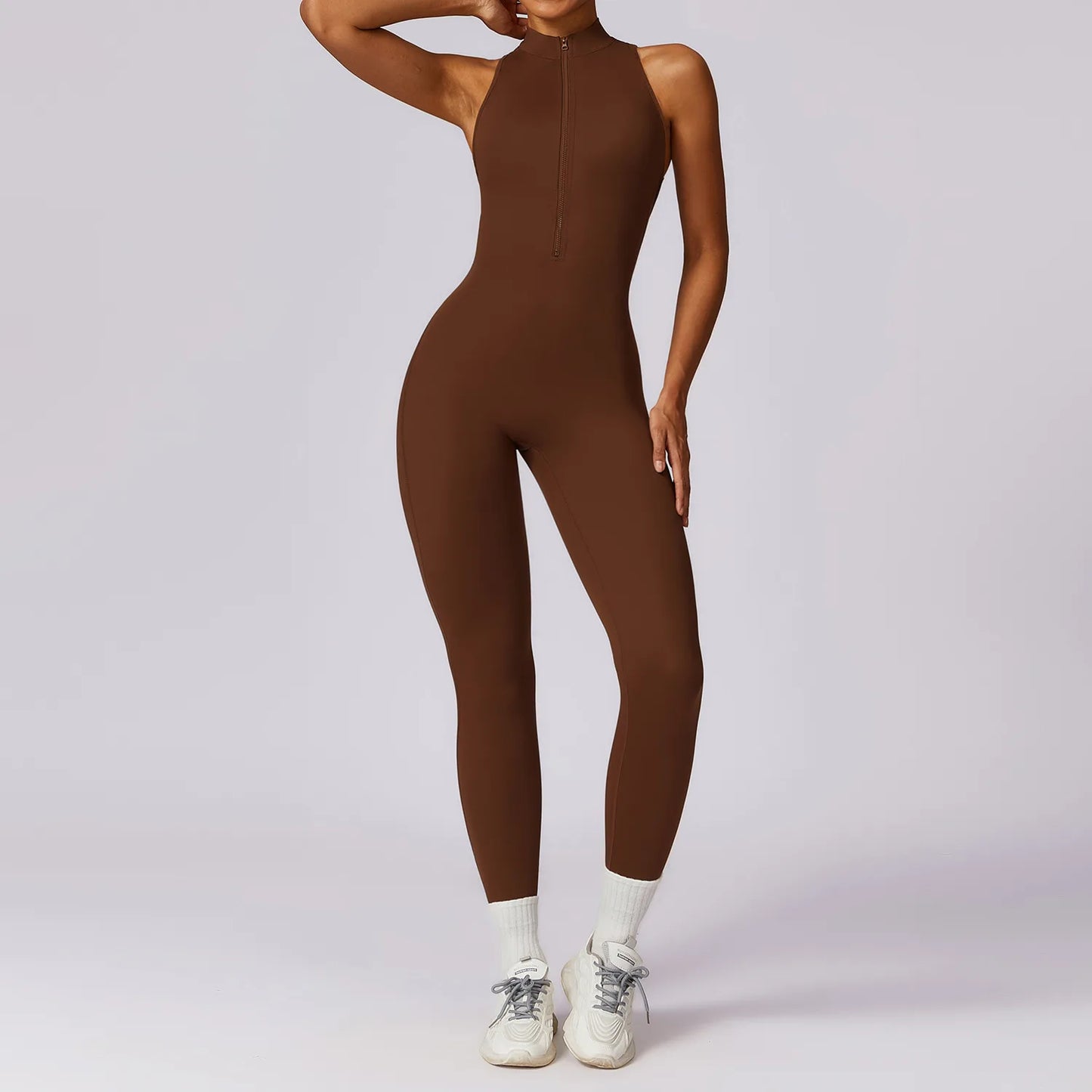 V Back One-piece Sut Wanita Sukan Jumpsuit Zippers Yoga Rompers Pakaian Sukan Tanpa Belakang Baju Sukan Wanita Lengan Senam Pakaian Wanita 