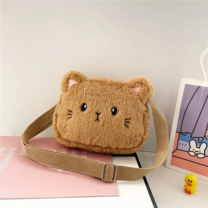 Cartoon Cat Baby Girls Crossbody Bags Cute Soft Plush Children's Shoulder Bag Winter Fashion Boys Kids Furry Handbags Coin Purse