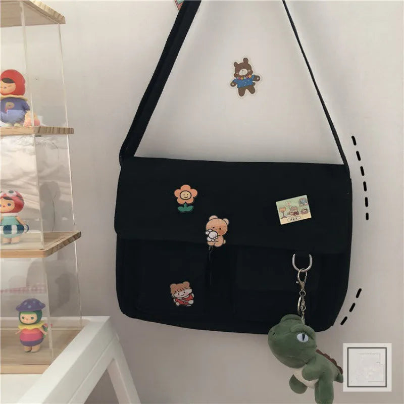 Harajuku Jepun Beg Bahu Gadis Retro Comel Lencana Cantik Kanvas Selempang Beg Sekolah Pelajar Beg Utusan Warna Pejal Beg Utusan 