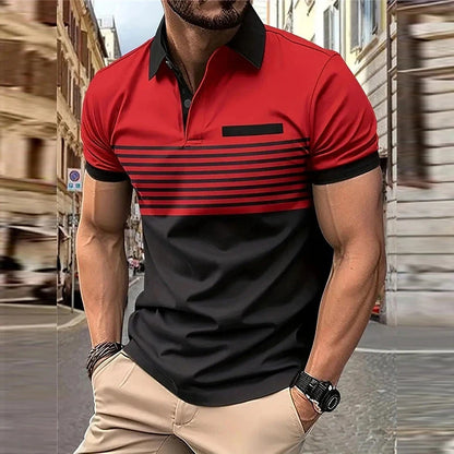 Business Men's Polo T Shirt Summer Short Sleeve Clothing Fashion Stripe Print Street Casual Buttons Tops Oversized Pullover