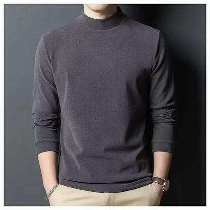 Men's Autumn/Winter Fleece-Lined Half Polo Turtle Neck Long Sleeve T-Shirt Crew Neck Base Layer Top For Men Inner Clothing