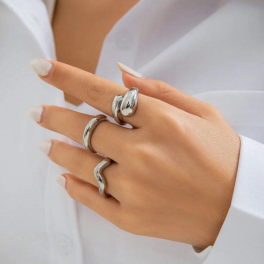 3Pcs Set Cincin Berbentuk Gelombang Geometrik Kreatif Bergaya untuk Wanita Reka Bentuk Tidak Sekata Aksesori Perhiasan Jari Cincin Terbuka Boleh Laras 