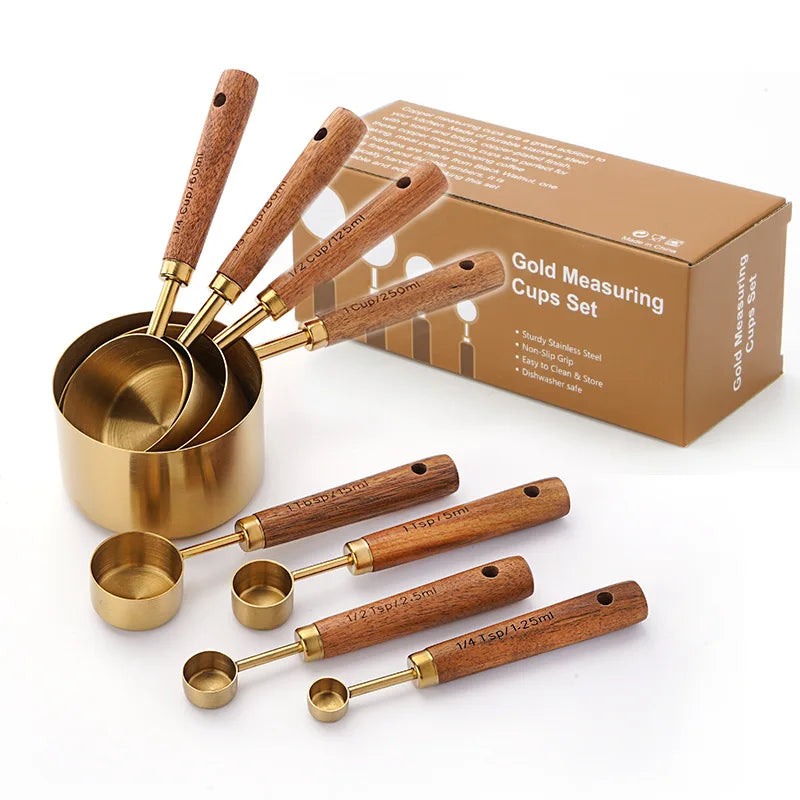 4/8 Keping Set Cawan Sukat Emas dan Sudu Sukat Emas dengan Pemegang Kayu Aromatik Set Penuh Cawan Sukat dan Sudu 
