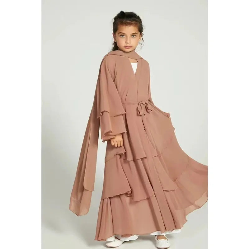 Chiffon Muslim Abaya Kids Abaya Girls Islamic Dresses Prayer Clothing For Children Musulmane Ramadan Kebaya Robe Without Hijab