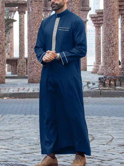 Islamic muslim Arabic men's robe long sleeve embroidered stand collar arabian thobe for men