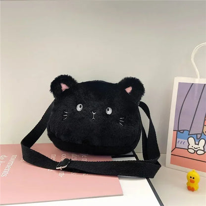 Cartoon Cat Baby Girls Crossbody Bags Cute Soft Plush Children's Shoulder Bag Winter Fashion Boys Kids Furry Handbags Coin Purse