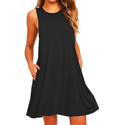 Musim Panas Wanita Pakaian Tanpa Lengan Wanita Kasual O-Neck Club Beach Longgar A-Line Mini Dress Vestidos QT034 