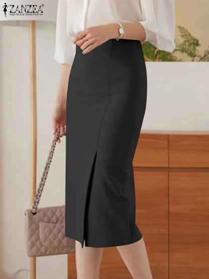 ZANZEA Wanita Skirt Bodycorn OL Elegan Pejabat Faldas Saia Kerja Slim Fit Jupe Fesyen Musim Gugur Pinggang Tinggi Skirt Paras Lutut Padat 