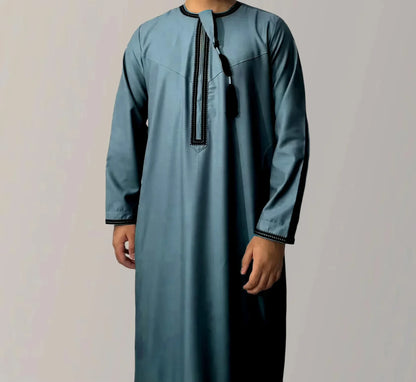 New Muslim Solid Color Abaya Round Neck Embroidery Robe Coarse Males Long Sleeve Kaftan Arabian Saudi Arabia Men's Kaftan
