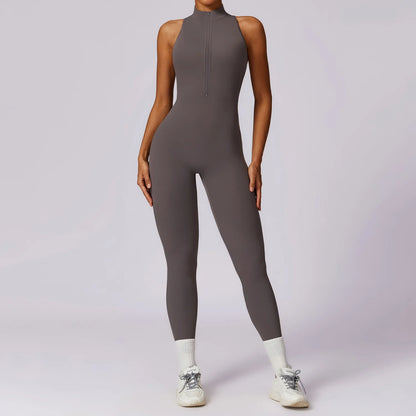 V Back One-piece Sut Wanita Sukan Jumpsuit Zippers Yoga Rompers Pakaian Sukan Tanpa Belakang Baju Sukan Wanita Lengan Senam Pakaian Wanita 