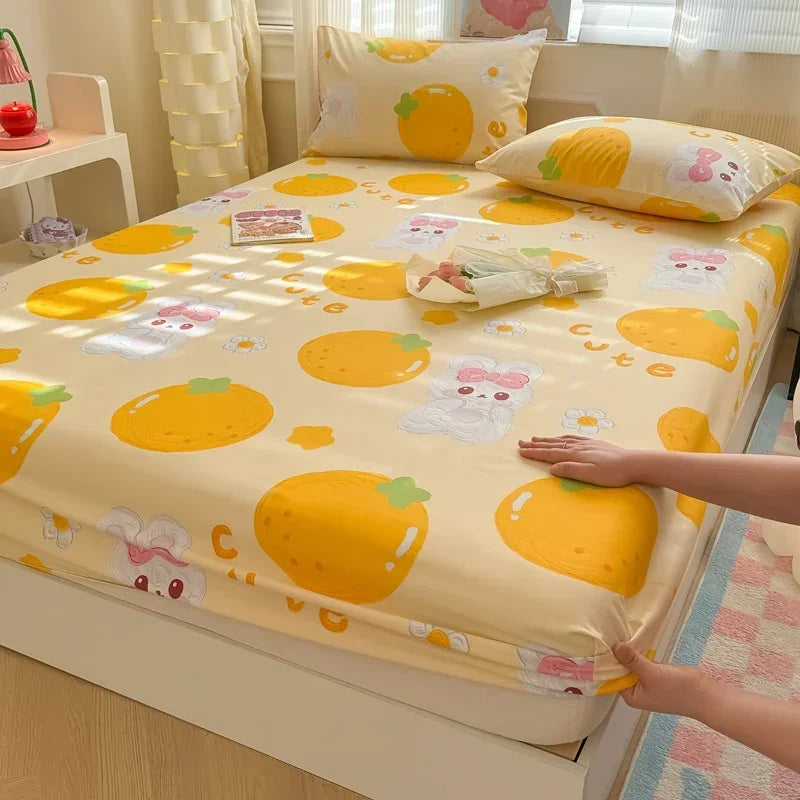 1 pc 100%Cotton Bed Sheet Cartoon Fish Printed Fitted Sheet with Elastic Band Single/Queen/King Pure Cotton Bed Botton Sheets