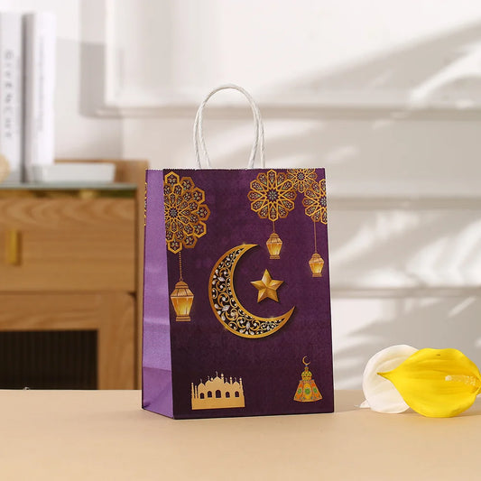 12/24PC Eid Mubarak Kraft Paper Bags Ramadan Kareem Gift Candy Packaging Bag Moon OMRA Cookies Bag Diy MUBARAK Eid al-Fitr Bags