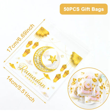 50pcs Beg Hadiah Eid Mubarak Plastik Beg Kuki Gula-gula OPP Ramadan Kareem Hiasan Pesta Perlengkapan Pesta Muslim Hadiah Aidil Adha 