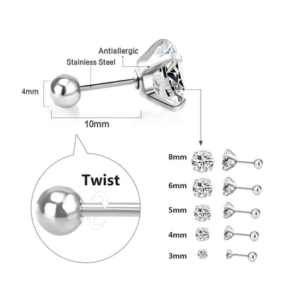 LUXUSTEEL 1Pairs/2Pcs Stainless Steel Crystal Studs Earrings For Women Men 4 Prong Tragus Round Clear Cubic Zirconia Ear Jewelry