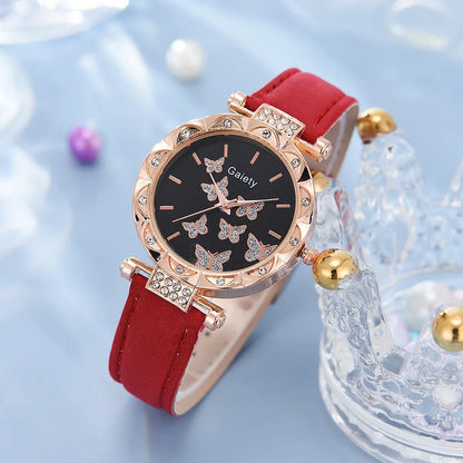 6/1pcs Set Wanita Jam Tangan Cincin Kalung Anting-Anting Set Gelang Jam Tangan Butterfly Leather Strap Wanita Kuarza Jam Tangan (Tiada Kotak) 