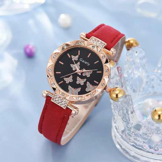 6/1pcs Set Women Watch Ring Necklace Earrings Bracelet Set Watches Butterfly Leather Strap Ladies Quartz WristWatch (No Box)