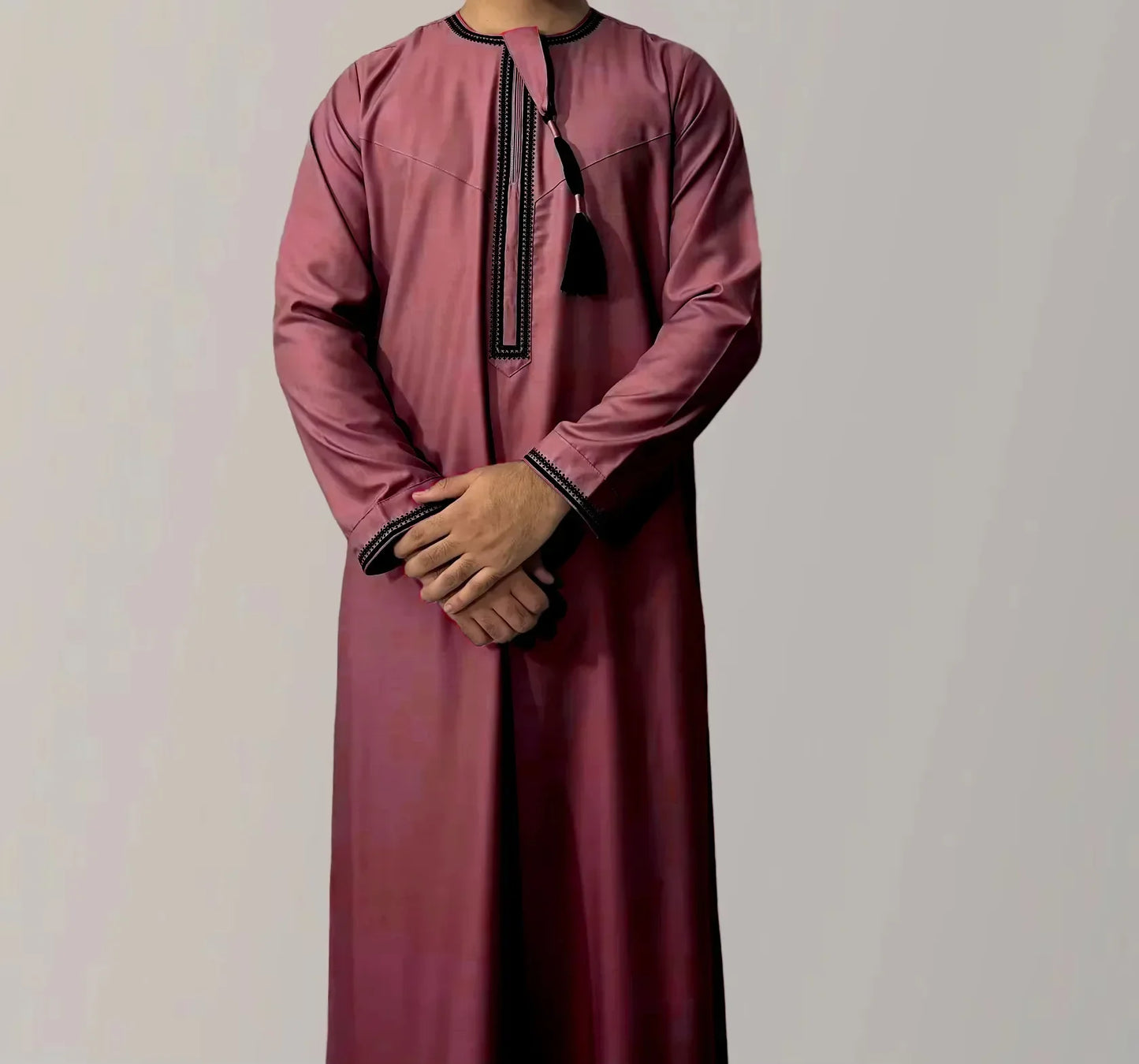 New Muslim Solid Color Abaya Round Neck Embroidery Robe Coarse Males Long Sleeve Kaftan Arabian Saudi Arabia Men's Kaftan