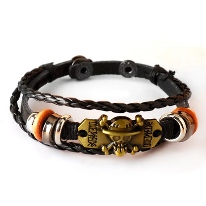 Anime One Piece Pirate Bracelet Cartoon Action Doll Lufei Straw Hat Punk Black Leather Woven Bracelet Toy Gift Birthday 