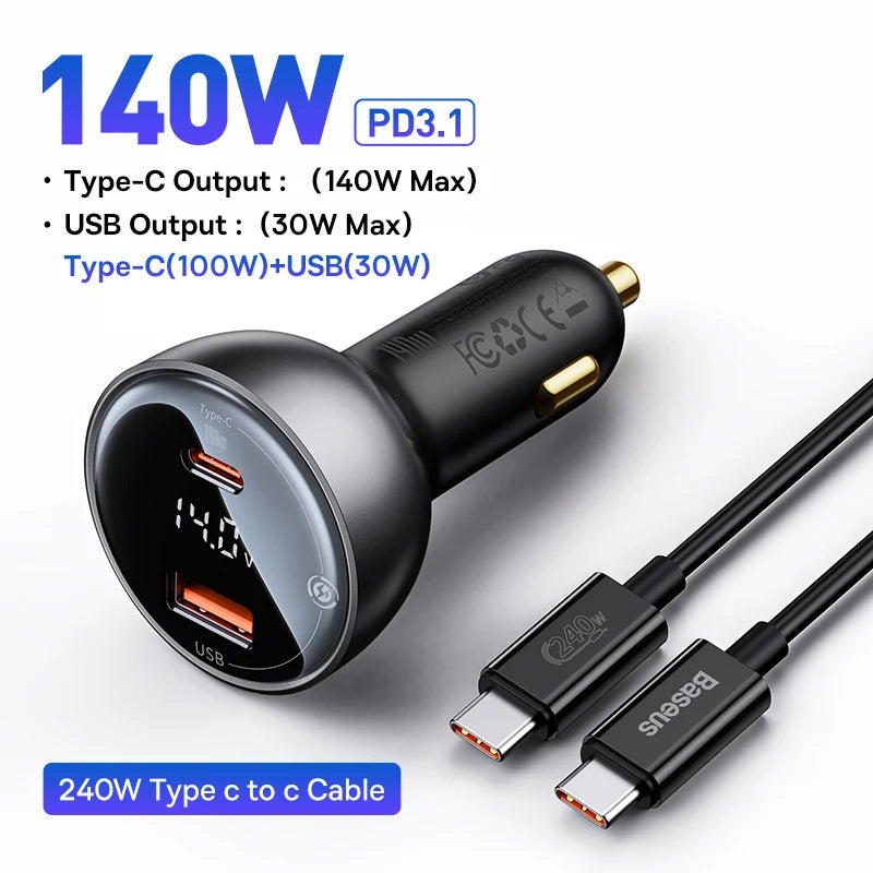 Baseus 140W PD3.1 Car Charger Fast Charging QC3.0 Quick Charge For Macbook Pro Laptop USB Type C Car Phone Charger For iPhone 16