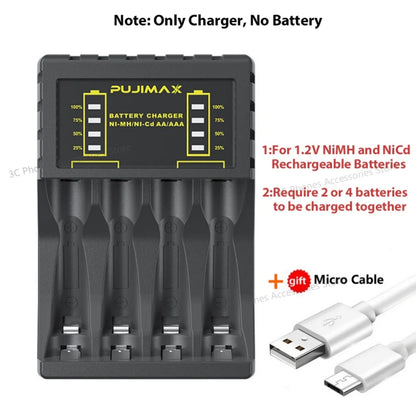 Pengecas Bateri 4 Slot Caj Pantas Pintar Dengan Penunjuk Untuk 1.2V NiMH NiCd AAA/AA Bateri Boleh Dicas Semula USB C Micro Bicu